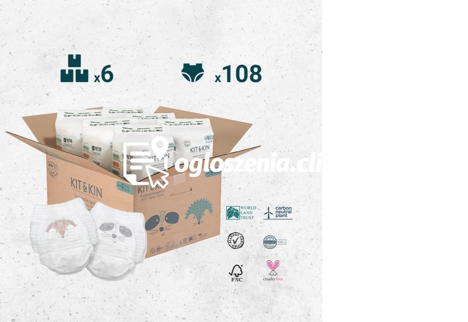 Zdjęcie produktu KARTON 108 hipoalergicznych pieluchomajtek dla dzieci, rozmiar 6 (15 kg+), 6 x 18 sztuk