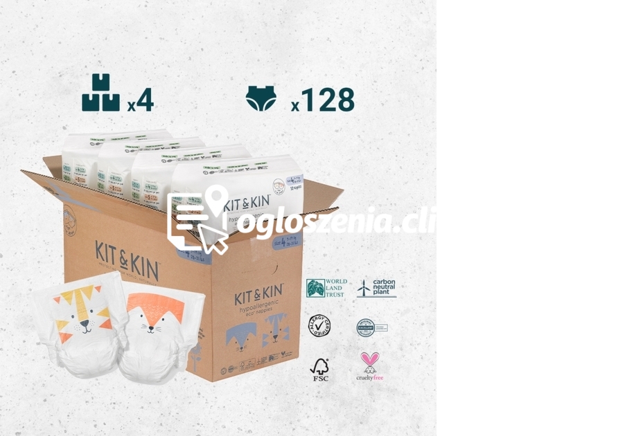 Zdjęcie produktu KARTON 128 pieluszek dla dzieci hipoalergicznych, 4 Maxi Plus (9-14 kg), 4 opakowania po 32 sztuki