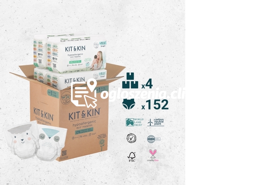 Zdjęcie produktu KARTON 152 pieluszek niemowlecych hipoalergicznych, rozmiar 1 (Mini 2-5 kg), 4 opakowania po 38 sztuk