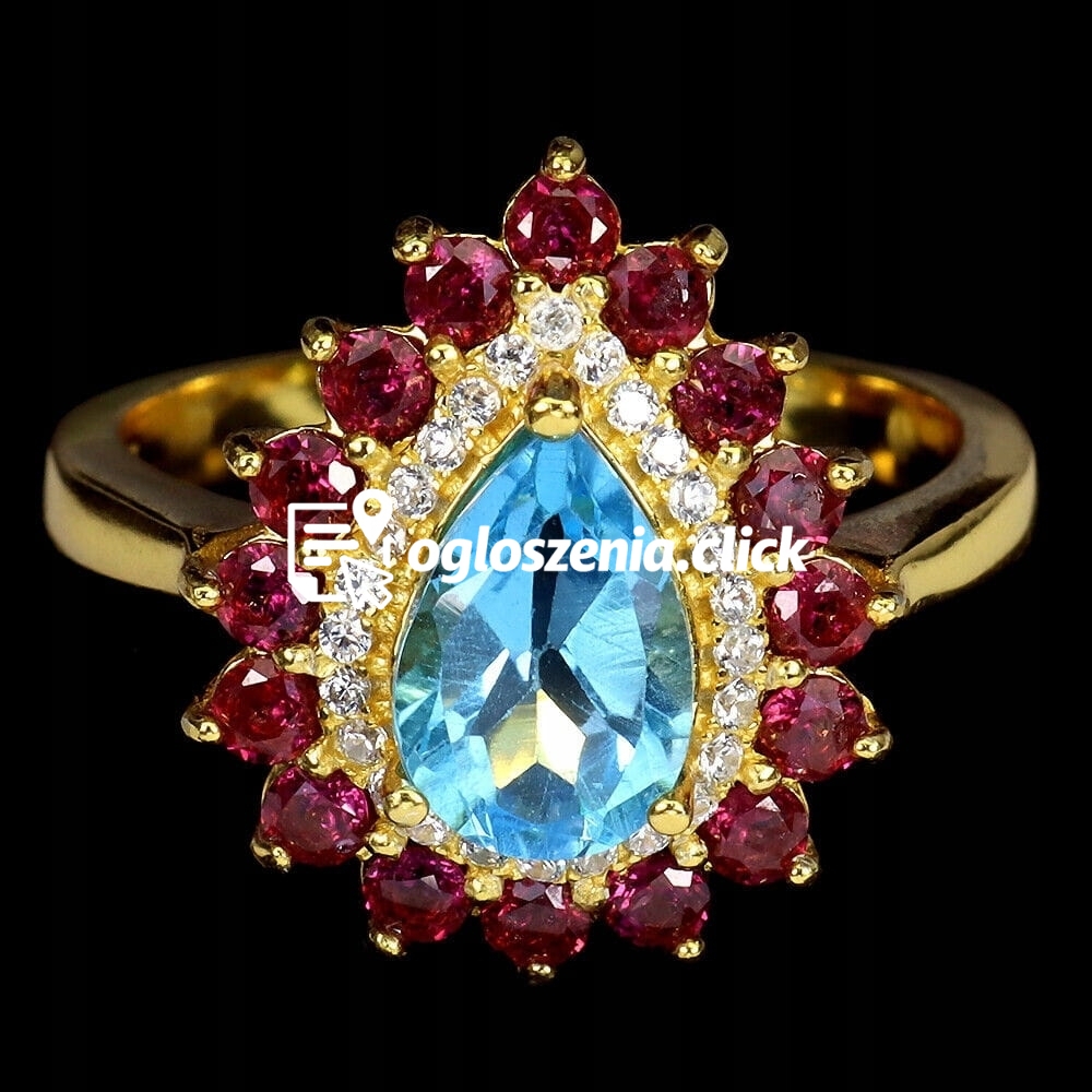 Zdjęcie produktu Pierscionek srebrny naturalny topaz swiss blue granaty rodolity r 12.5