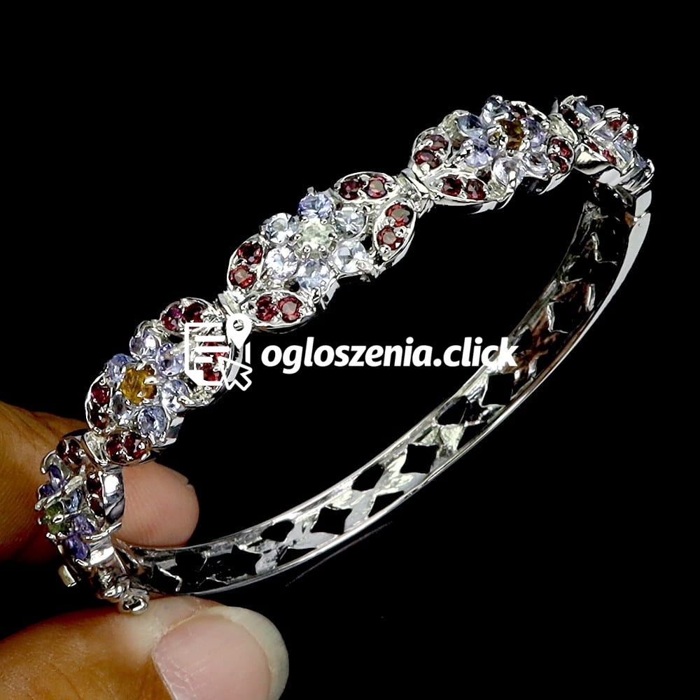 Zdjęcie produktu Srebrna elegancka bransoletka naturalne granaty tanzanity turmaliny 17cm