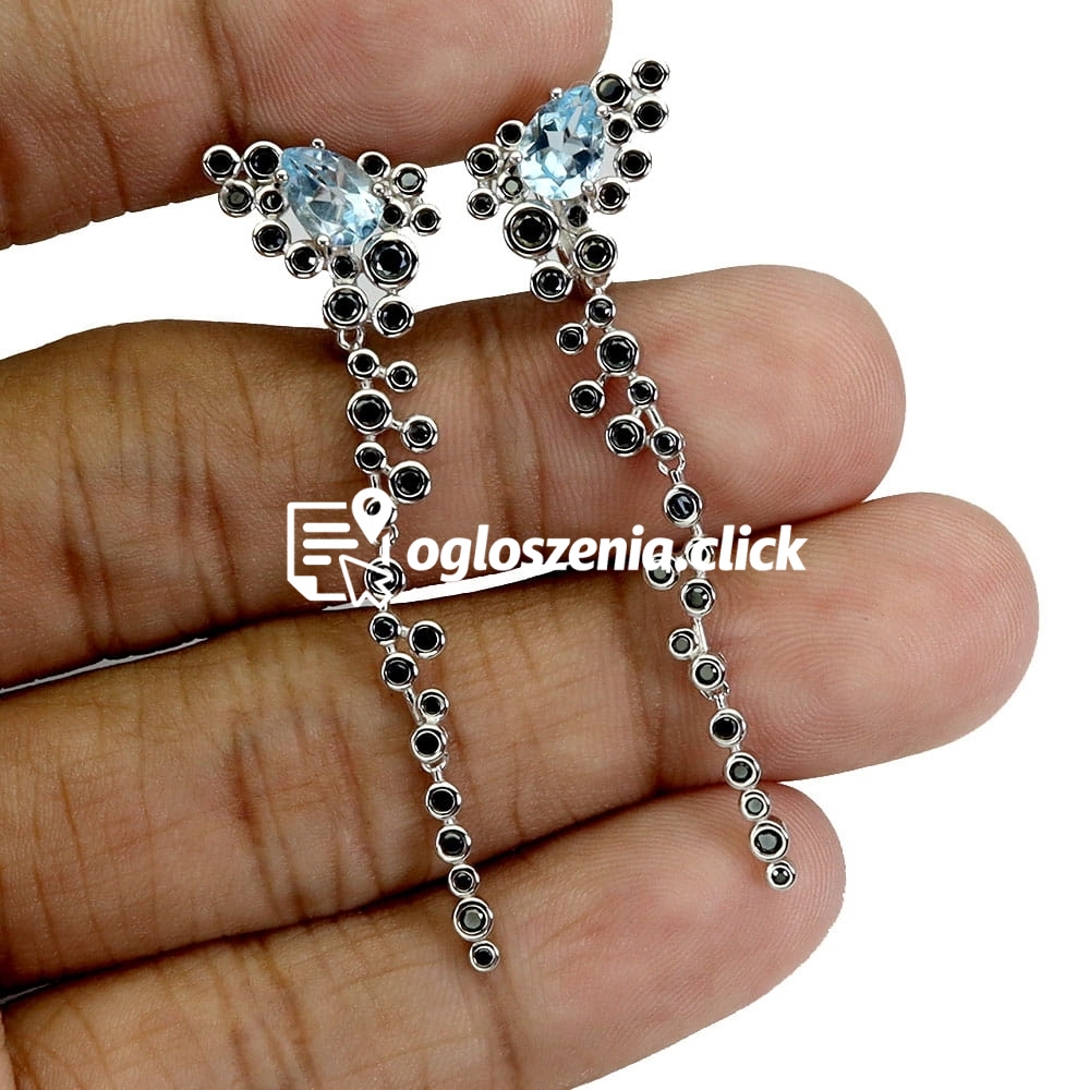 Zdjęcie produktu Srebrne delikatne wiszace kolczyki natural topazy sky blue czarne spinele 3