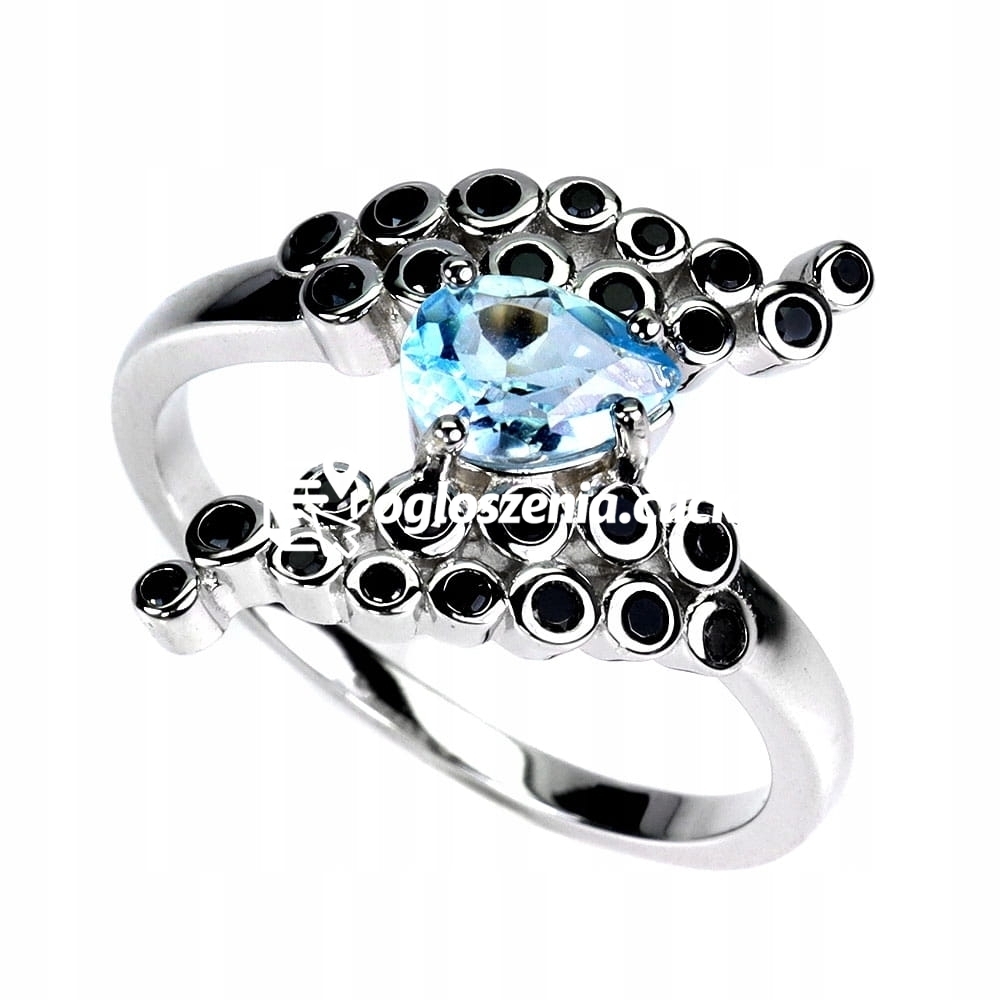 Zdjęcie produktu Srebrny elegancki pierscionek naturalny sky topaz czarne spinele r 14.5