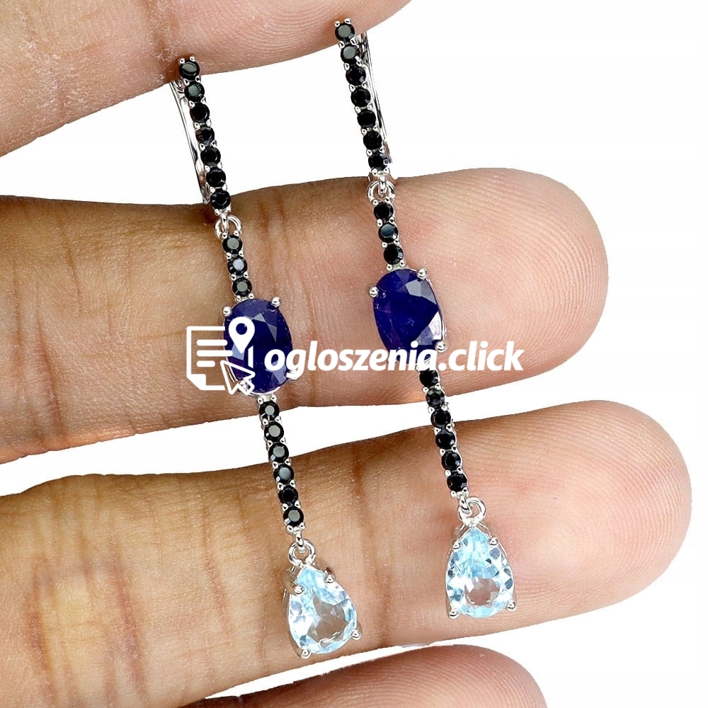 Zdjęcie produktu Srebro eleganckie wiszace kolczyki szafiry topazy sky blue czarne spinele 3